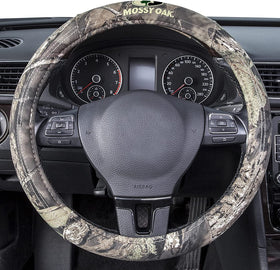 Mossy Oak front view of camo steering wheel cover showing full print and fit benefit