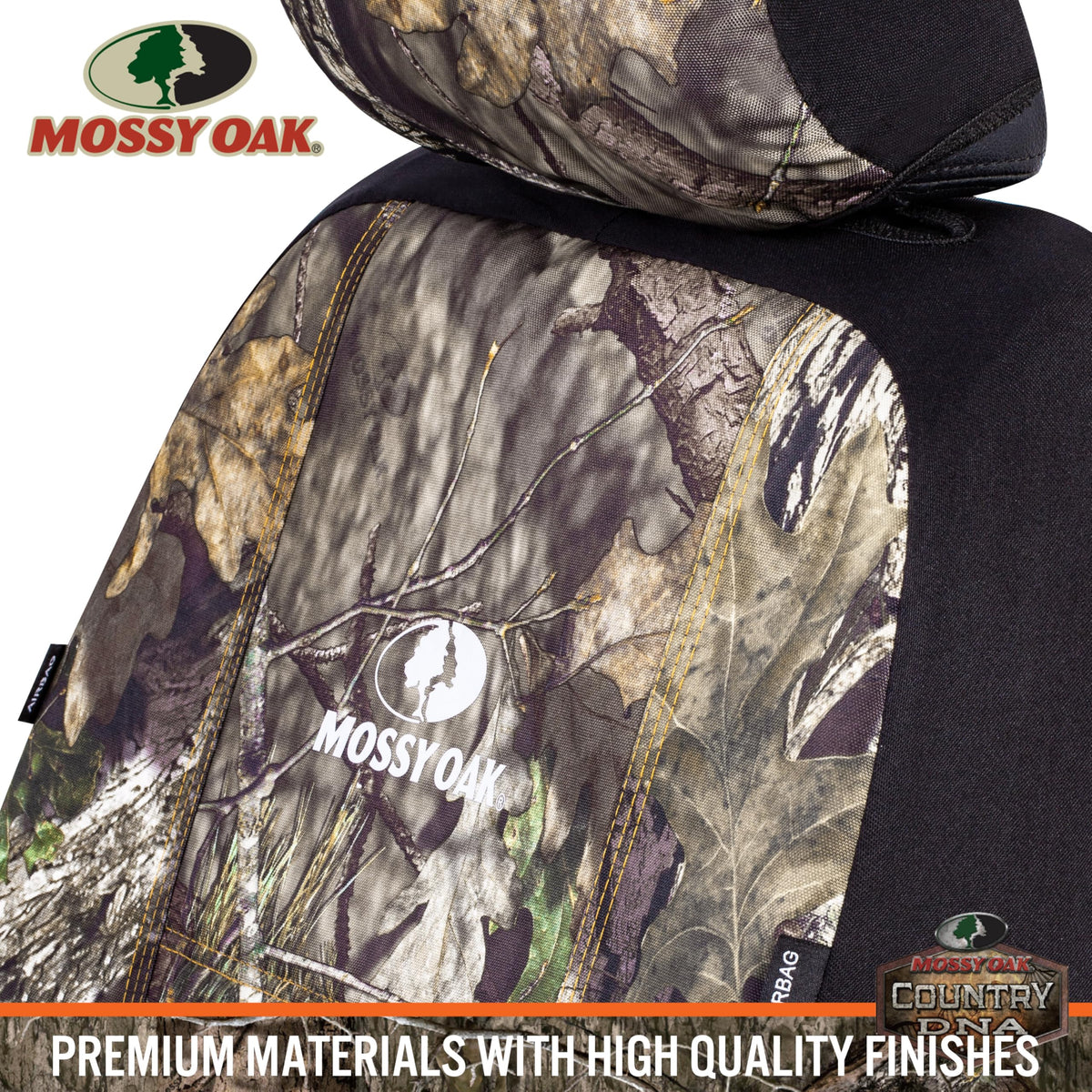 Mossy Oak headrest cover detail showing snug fit and matched camo