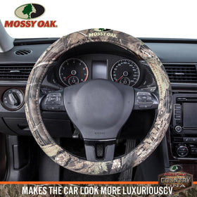 Mossy Oak cover installed on a steering wheel demonstrating snug fit and style