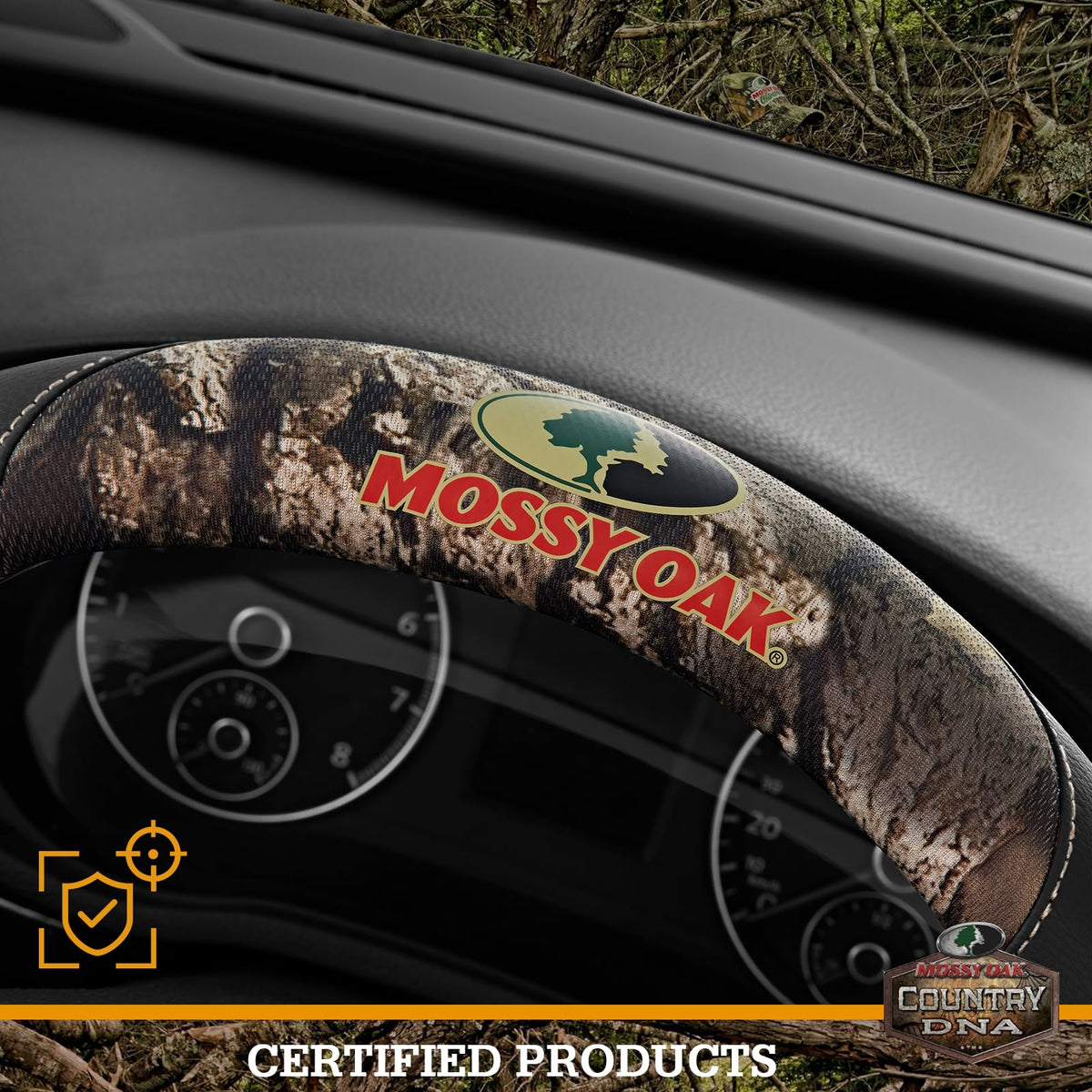 Mossy Oak installed on steering wheel demonstrating improved grip and secure fit