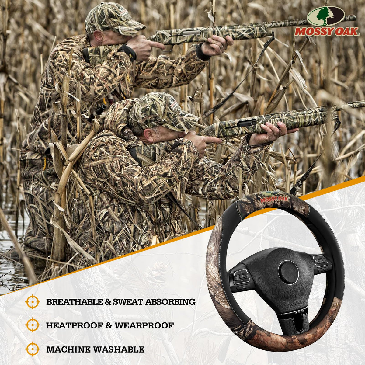 Mossy Oak in vehicle interior with outdoors gear showing rugged style and protection