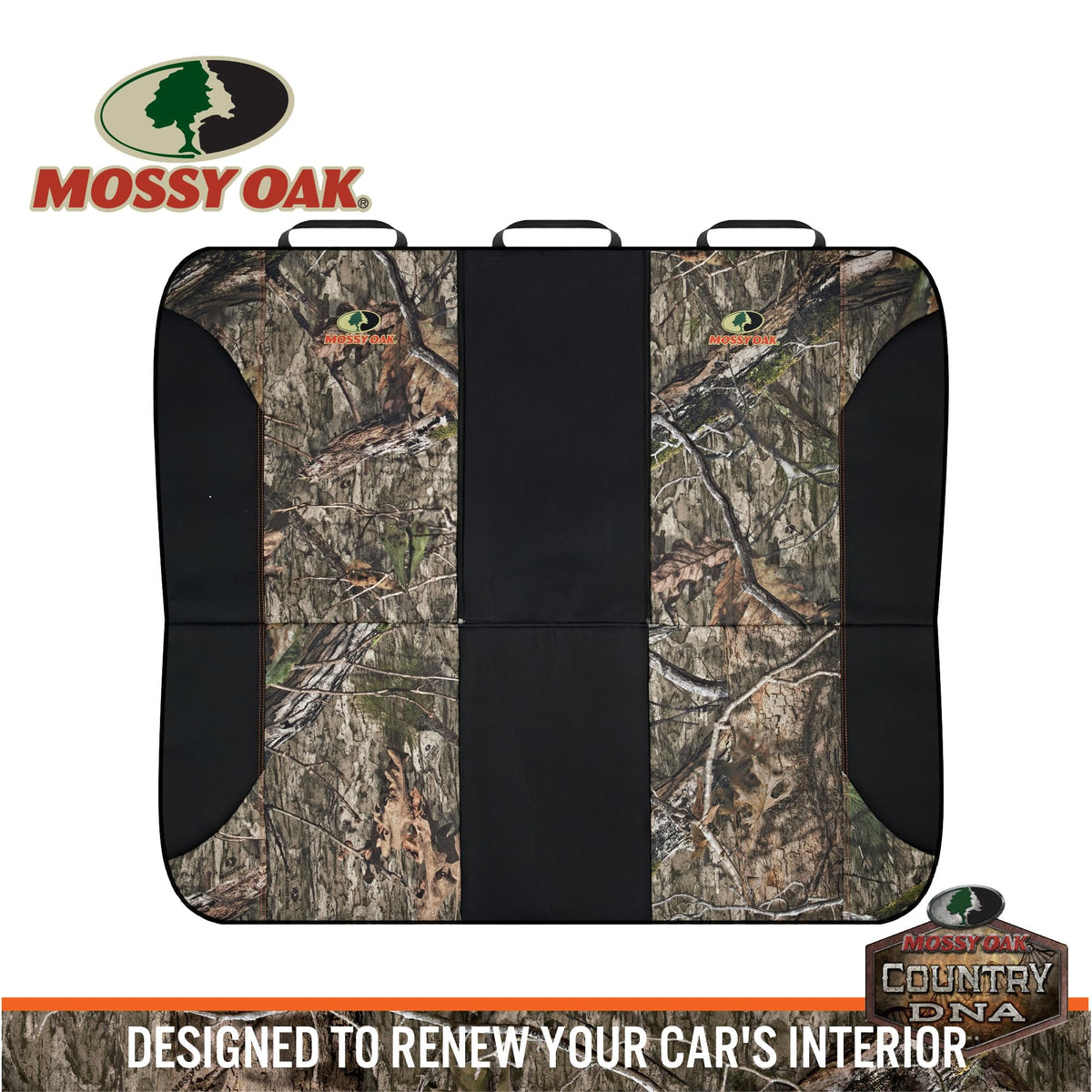 Mossy Oak camo bench in outdoor vehicle showcasing rugged lifestyle appeal