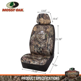 Mossy Oak seat cover beside ruler showing fit measurements for confirmation