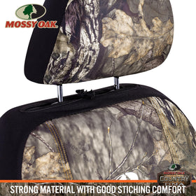 Mossy Oak seat cover installed in truck demonstrating outdoor-ready protection