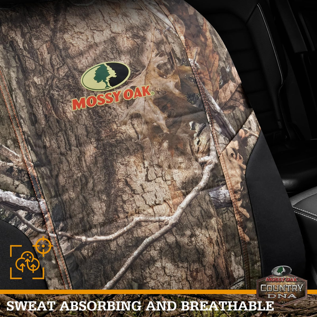 Mossy Oak seat cover installed in truck demonstrating universal fit benefit