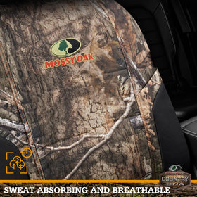 Mossy Oak seat cover installed in truck demonstrating universal fit benefit