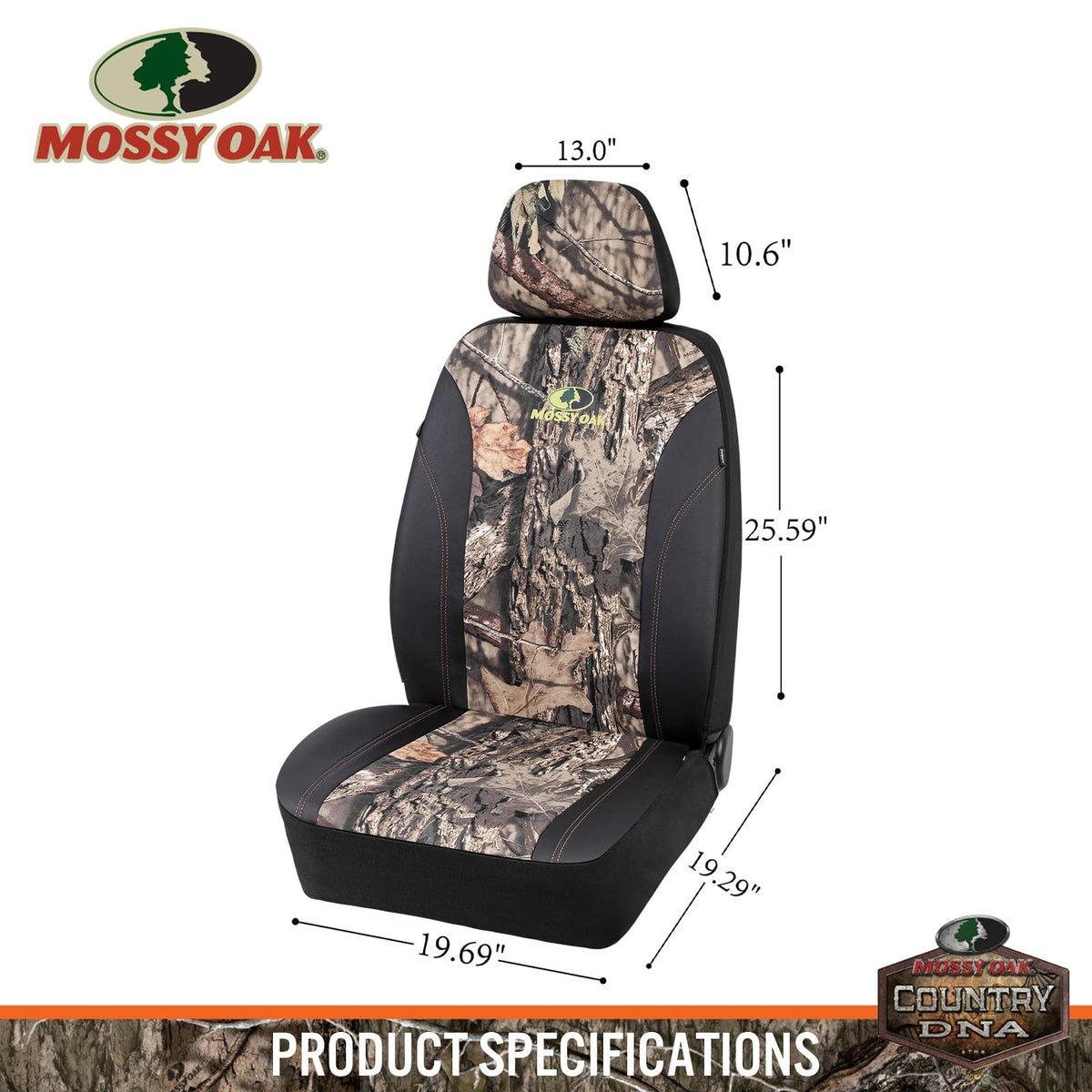 Mossy Oak seat cover on seat showing size and coverage for universal fit
