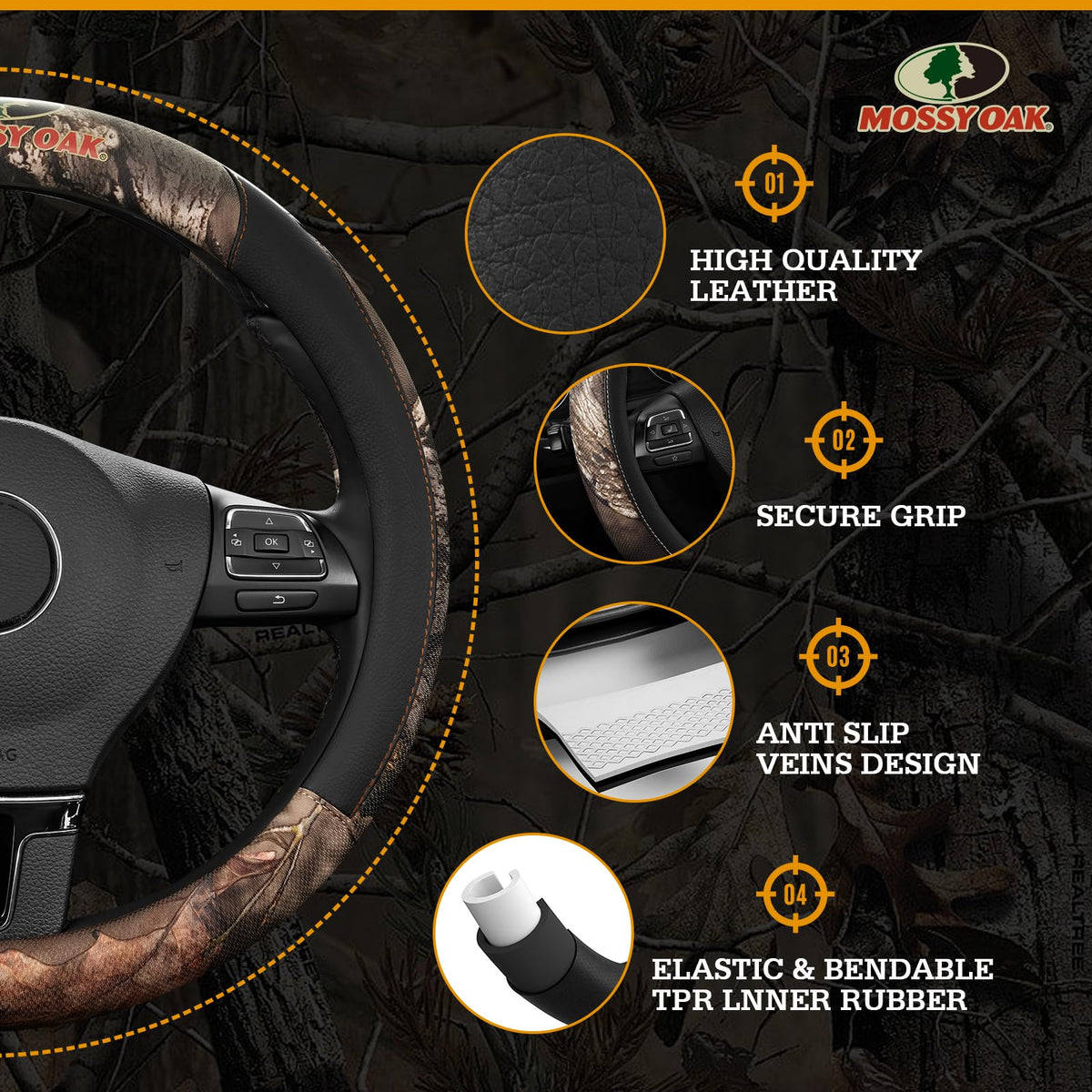 Mossy Oak beside ruler showing fit for 14½ to 15 inch steering wheels for sizing clarity