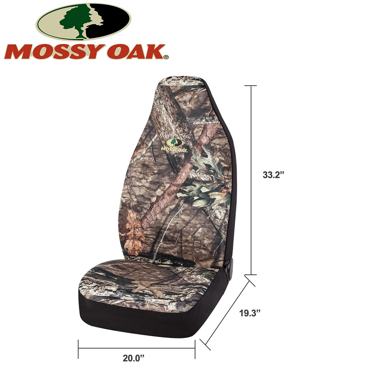 Mossy Oak seat cover beside ruler for scale showing fit guidance benefit