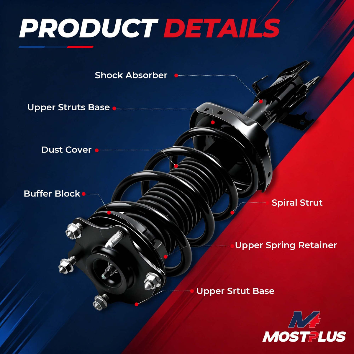 MOSTPLUS close-up of strut spring and top mount highlighting built durability