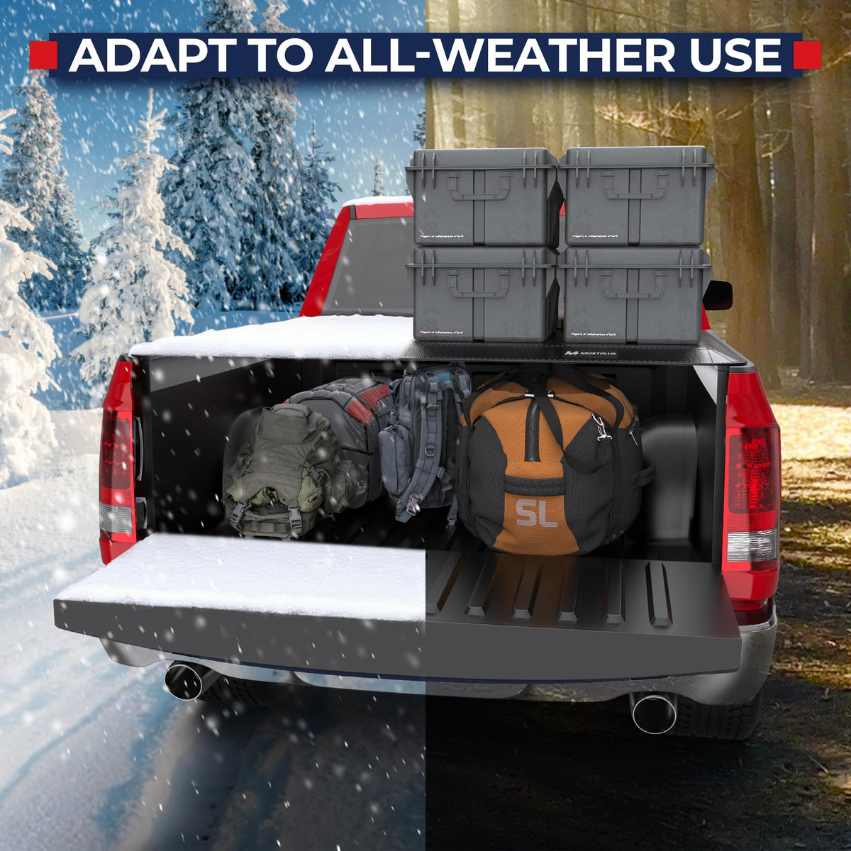 MOSTPLUS covered truck bed with dry gear showing waterproof protection