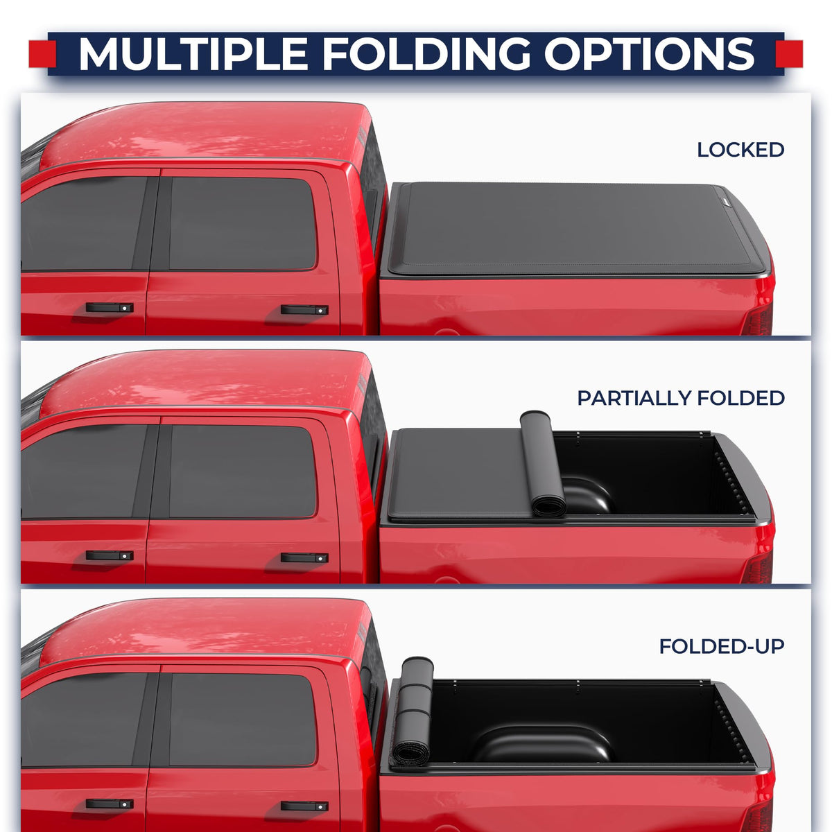 MOSTPLUS rolled-up cover with straps revealing quick full-bed access convenience