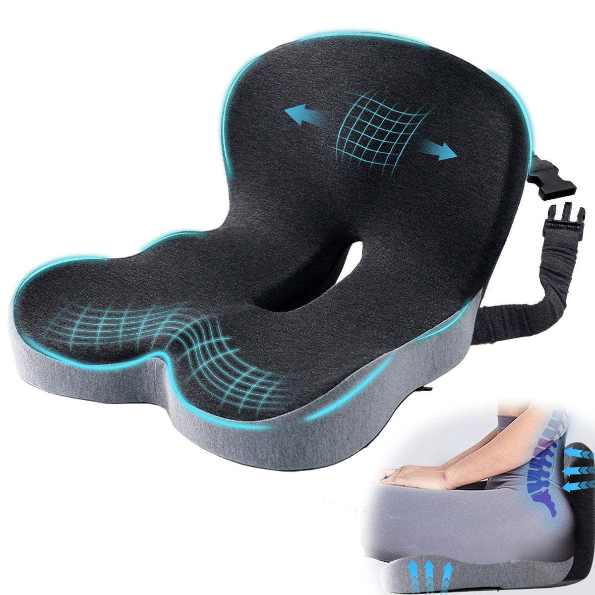 Mosxoed front packaging showing seat cushion and lumbar pillow, improving comfort