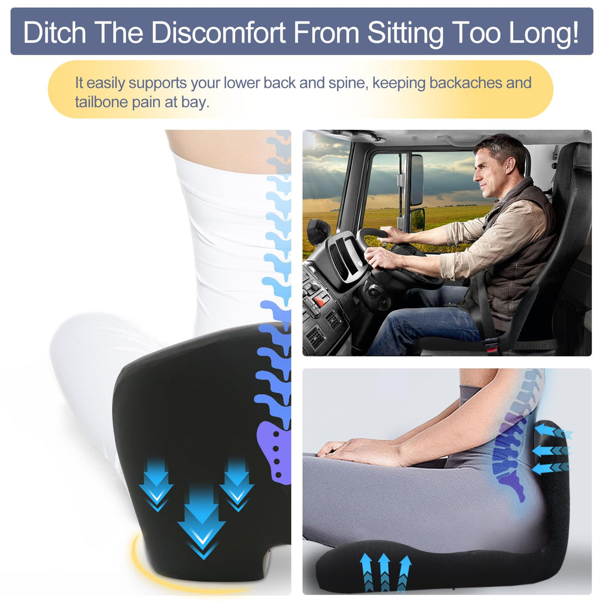 Mosxoed seat cushion on office chair illustrating added comfort for long workdays