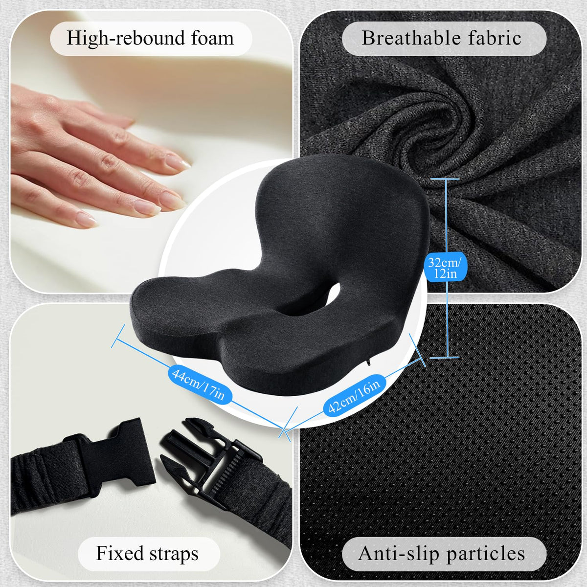 Mosxoed seat cushion side profile showing memory foam contour for improved posture