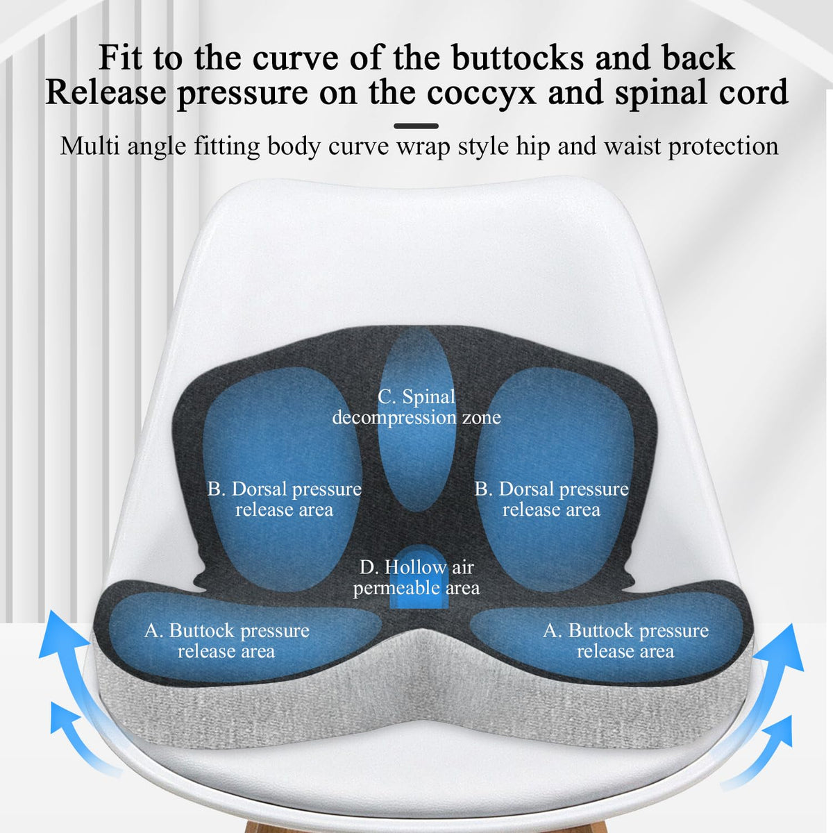 Mosxoed cushion beside a ruler displaying dimensions for proper fit guidance