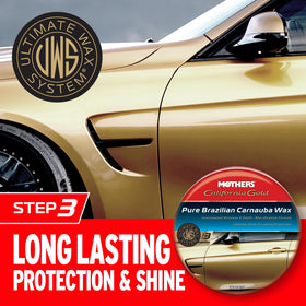 Mothers California Gold open tin displaying creamy carnauba paste texture, easy application