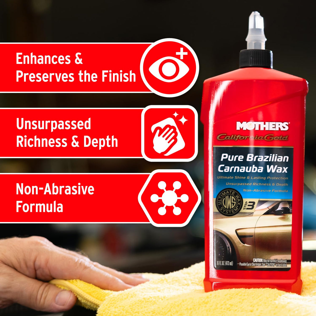 Mothers close-up carnauba texture illustrating premium paste for glossy depth