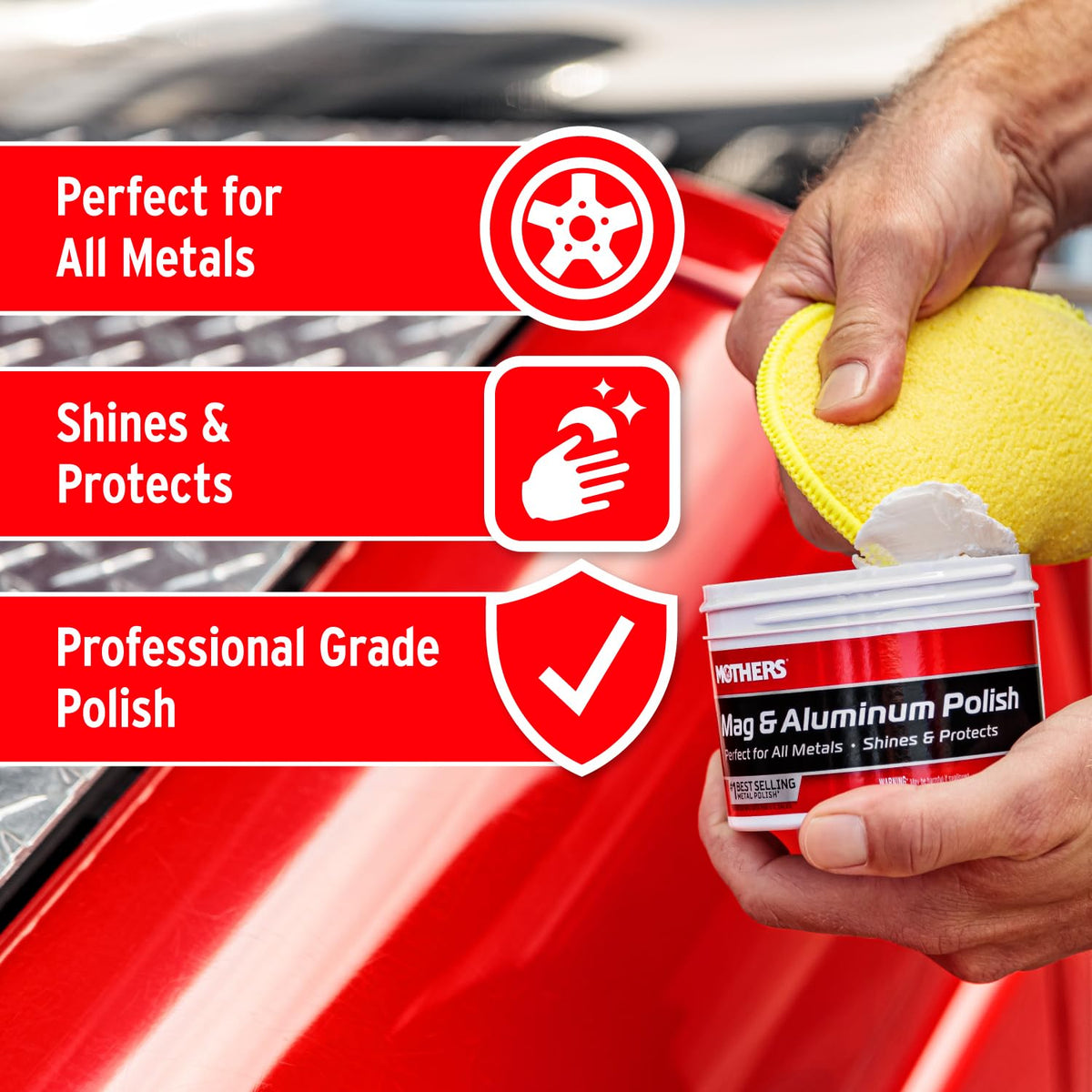 Mothers polish texture on cloth demonstrating easy wipe-on application