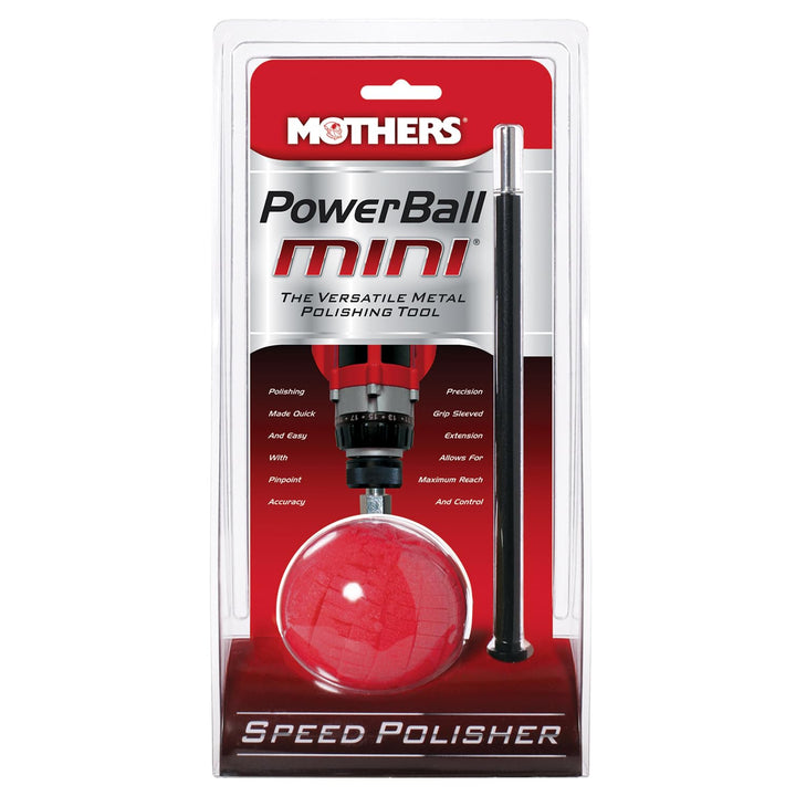 Mothers PowerBall Mini front view showing compact polishing head and benefit of tight-access polishing