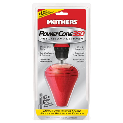 Mothers PowerCone 360 front view showing cone shape and quick-swap bit for precise polishing