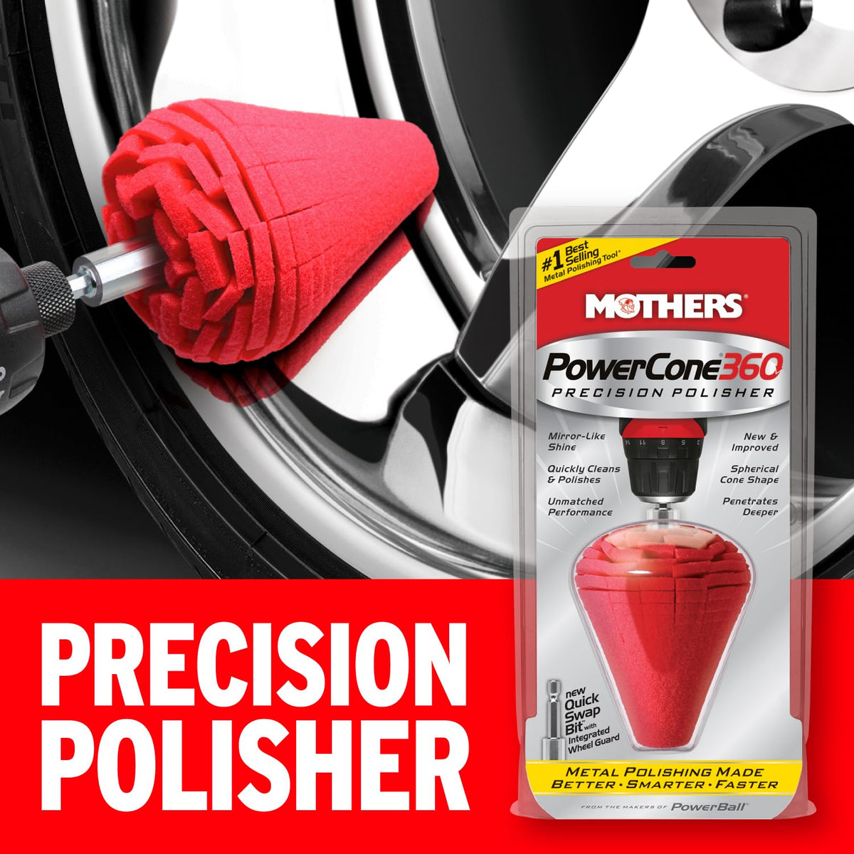Mothers Quick Swap Bit attached to drill demonstrating safe wheel-guarded polishing