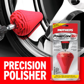 Mothers Quick Swap Bit attached to drill demonstrating safe wheel-guarded polishing
