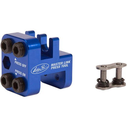 Motion Pro master link press front view showing compact anodized body and pins for precise installs