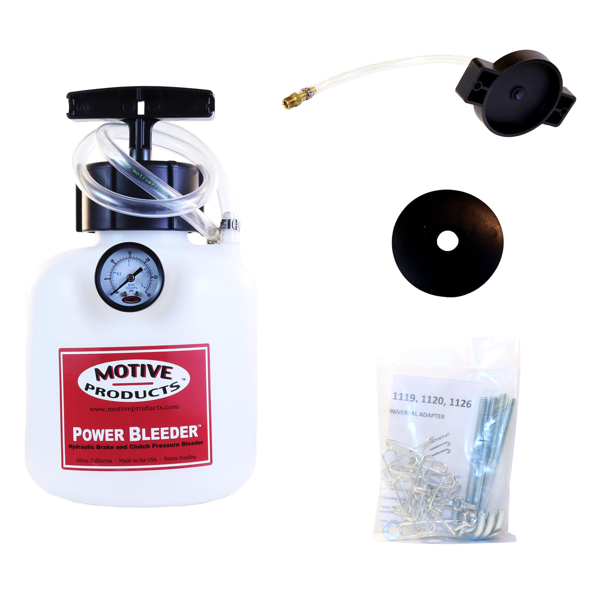 Motive Products power bleeder front packaging showing tank and accessories for efficient bleeding