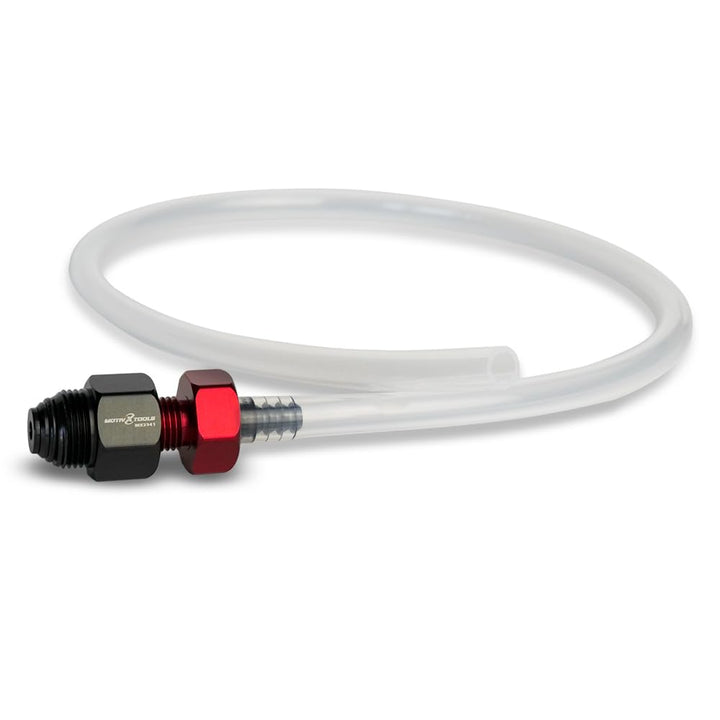 Motivx Tools front view of drain tool showing hose and metal body for cleaner oil changes