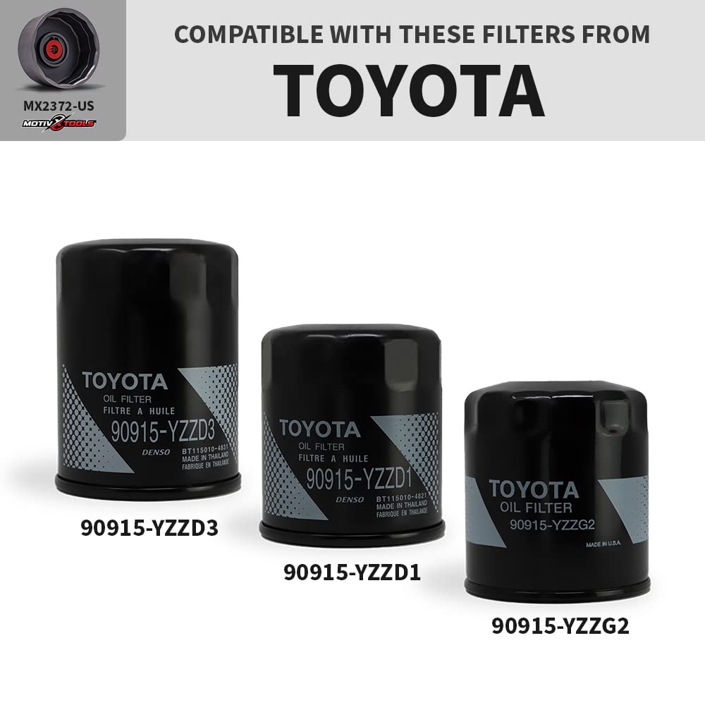 Motivx Tools in use on an oil filter demonstrating easy, slip‑resistant removal