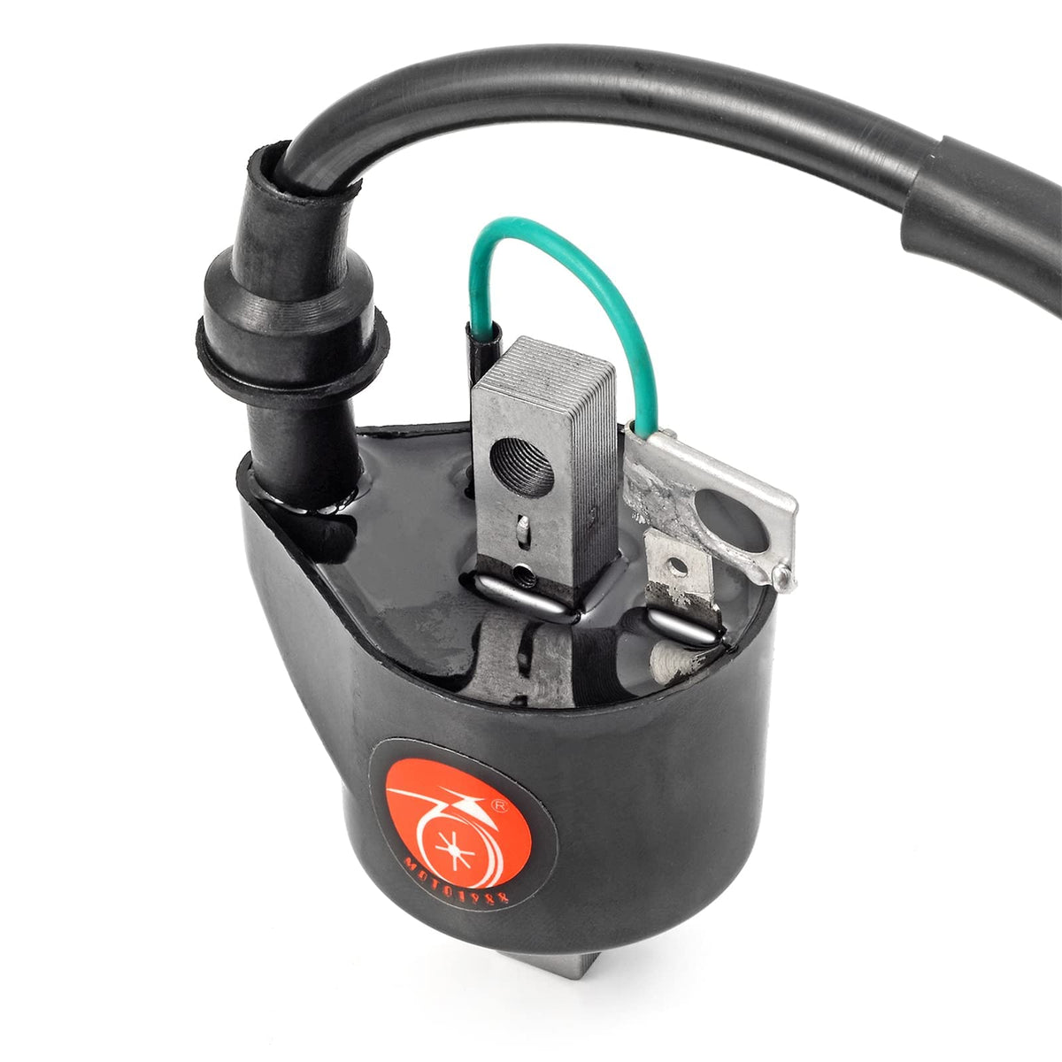 MOTO1988 coil and spark plug held in hand illustrating correct scale and easy swap