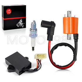 MOTO1988 front view of the G9 ignition kit package showing all included parts and fitment benefit