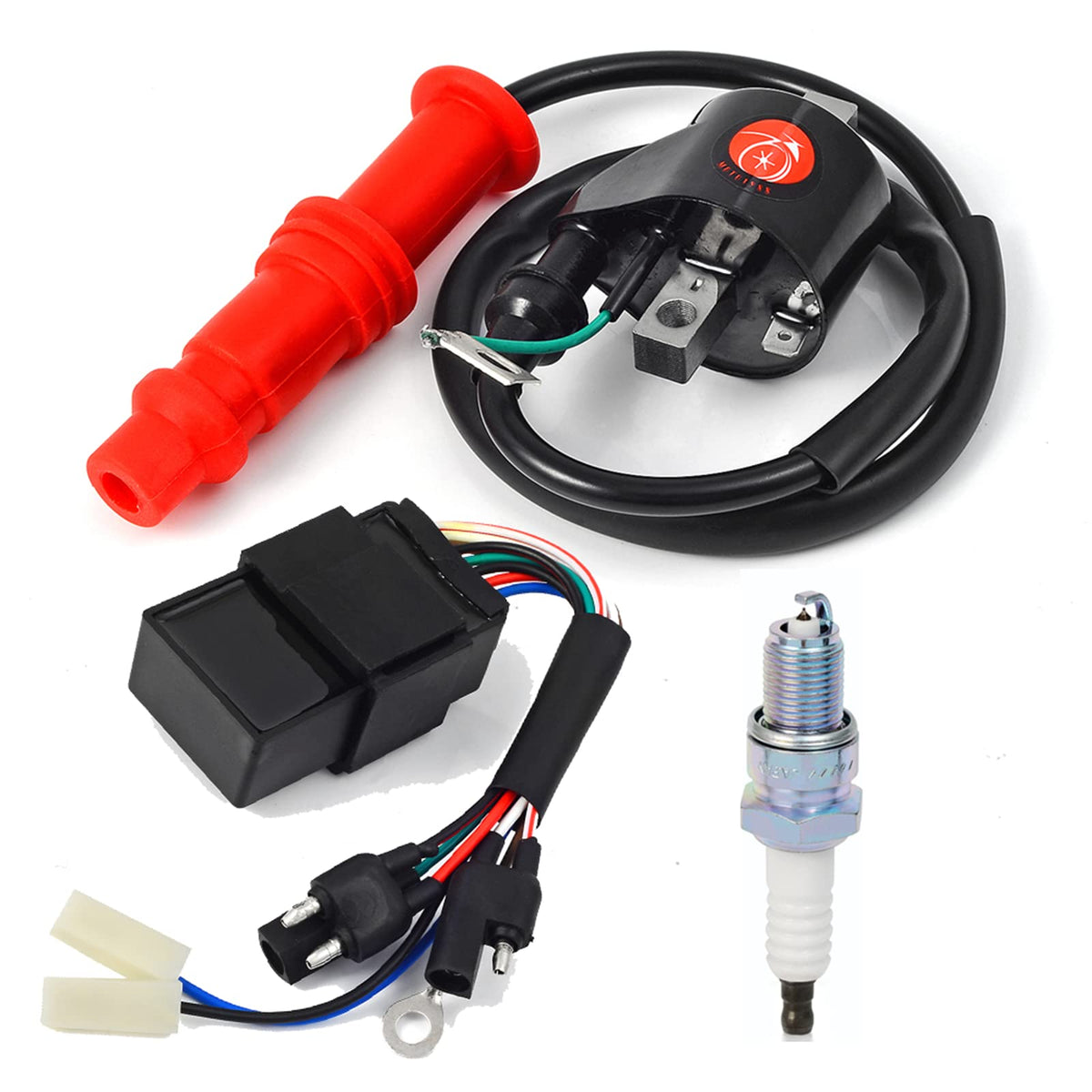 MOTO1988 ignition coil close-up highlighting durable core and wiring benefit
