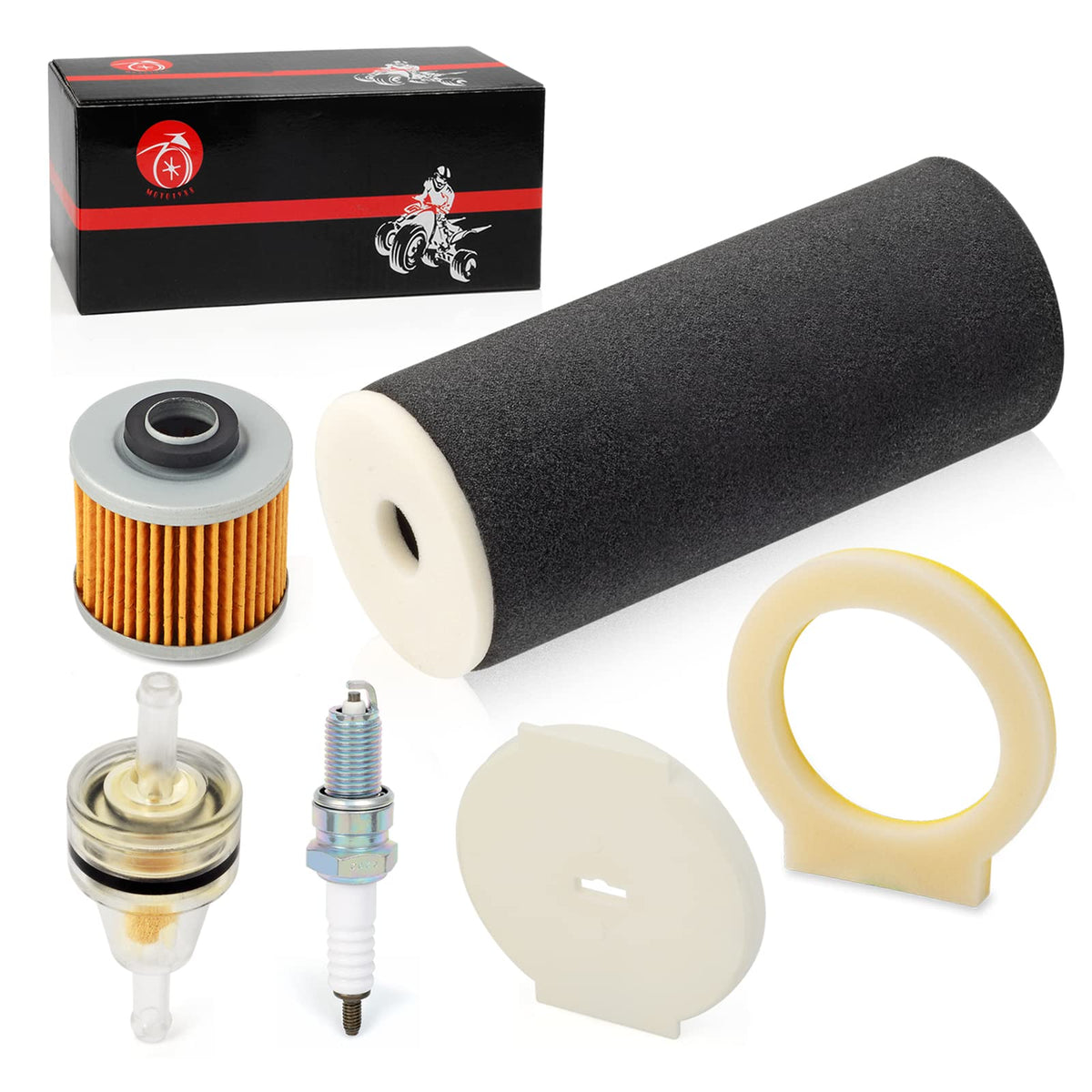 MOTO1988 spark plug and fuel filter side-by-side for easy comparison