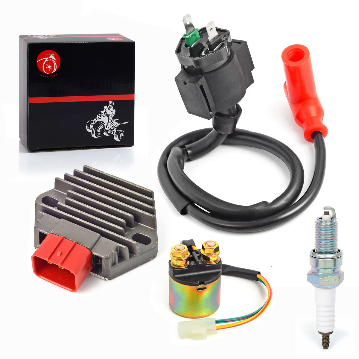 MOTO1988 spark plug and relay side-by-side for easy parts identification and fit
