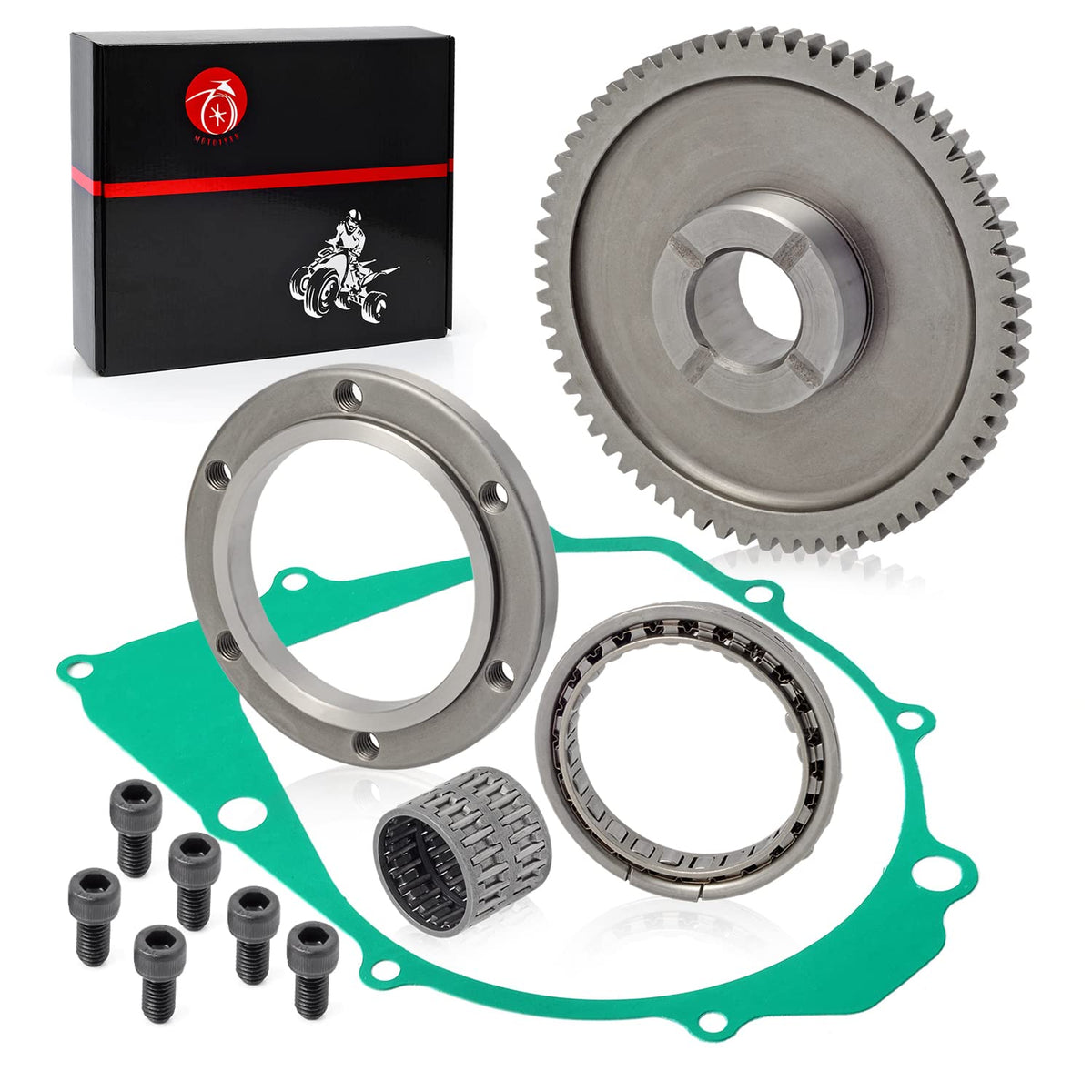 MOTO1988 starter clutch kit front packaging showing all included parts and compatibility