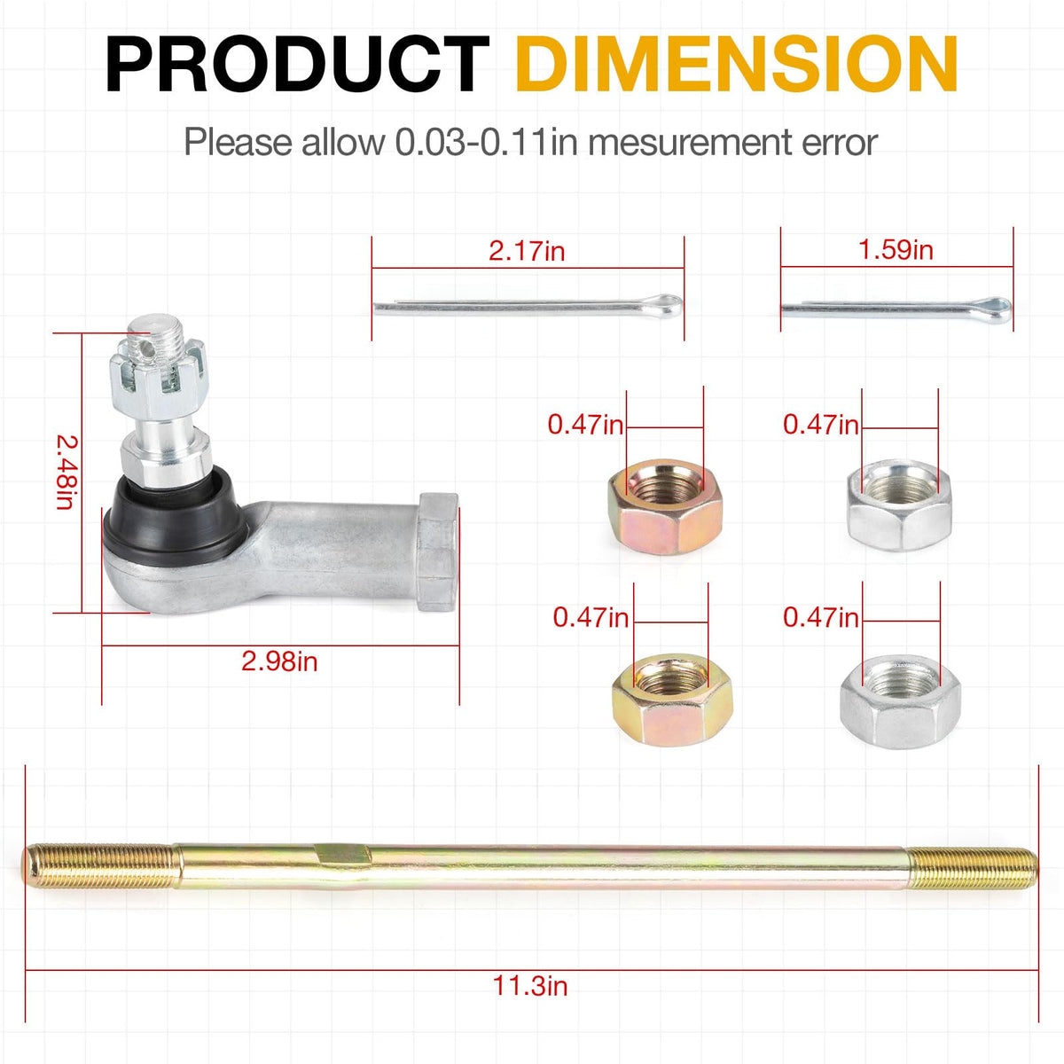 MOTO1988 tie rod ends beside ruler showing dimensions for correct replacement