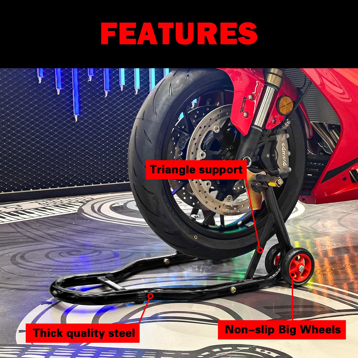 MOTO4U rear stand overview highlighting even rear-wheel support