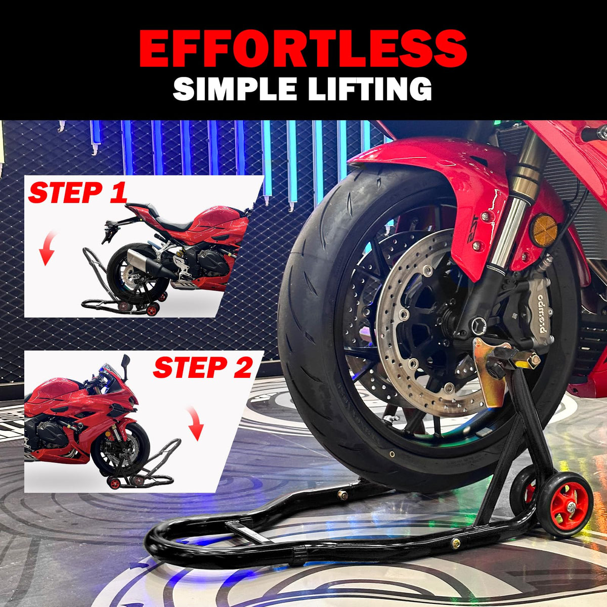 MOTO4U red wheel closeup showing smooth pullies for effortless lifting