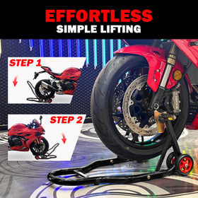 MOTO4U red wheel closeup showing smooth pullies for effortless lifting
