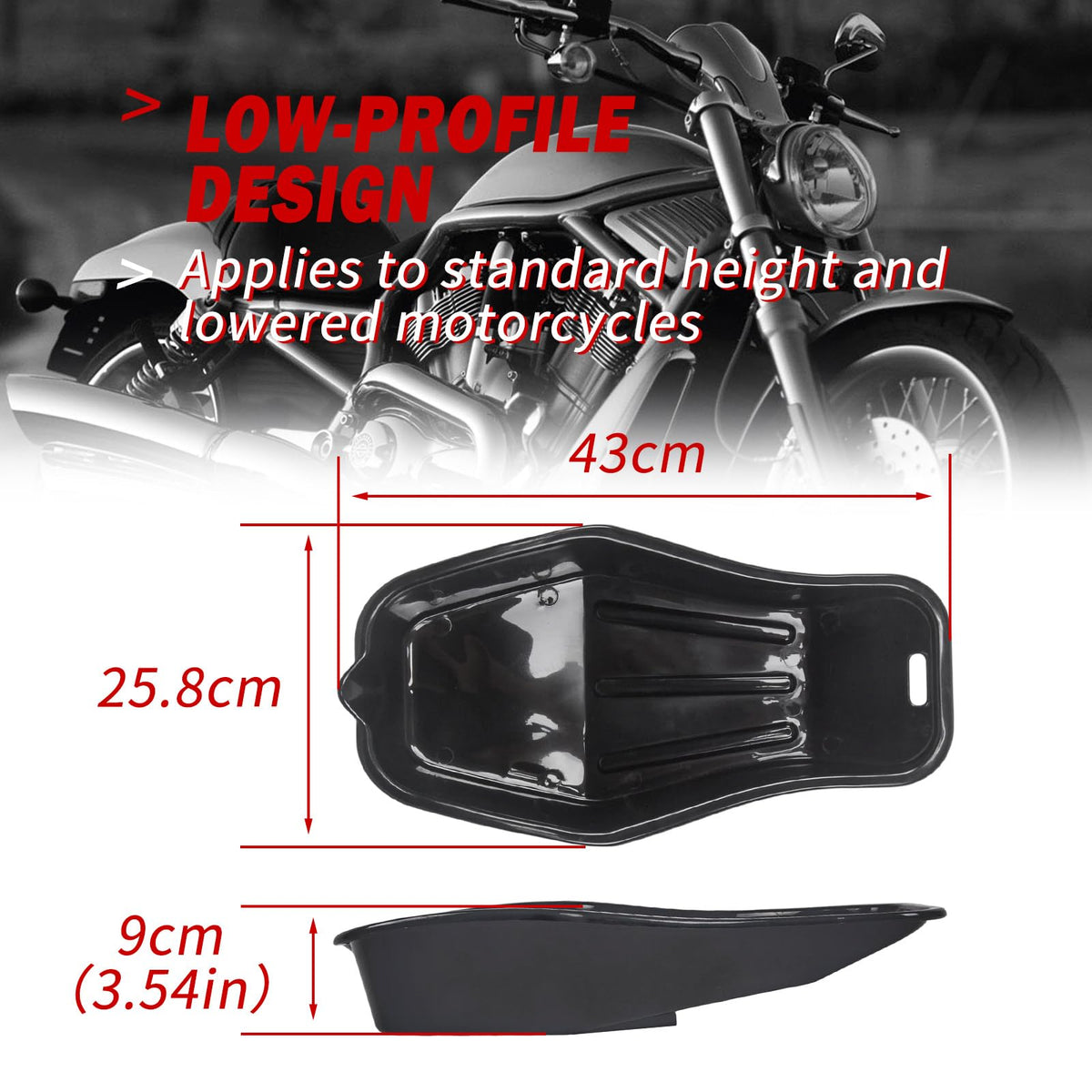 MOTO4U side profile highlighting 9cm low clearance for tight fit