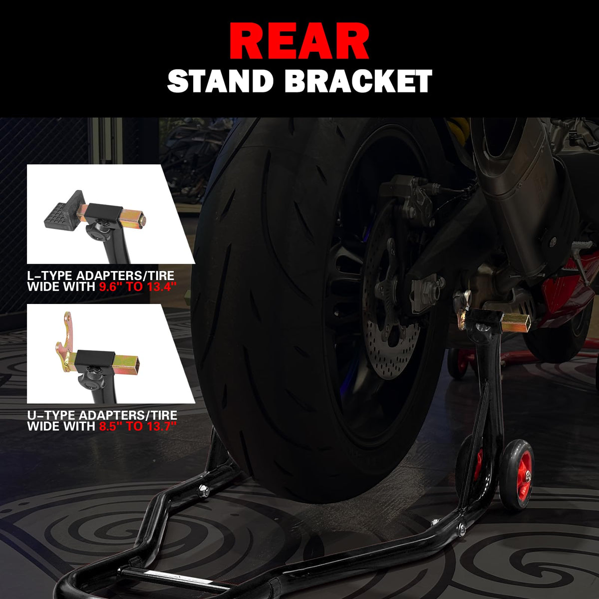 MOTO4U stand in use lifting rear wheel for chain maintenance benefit