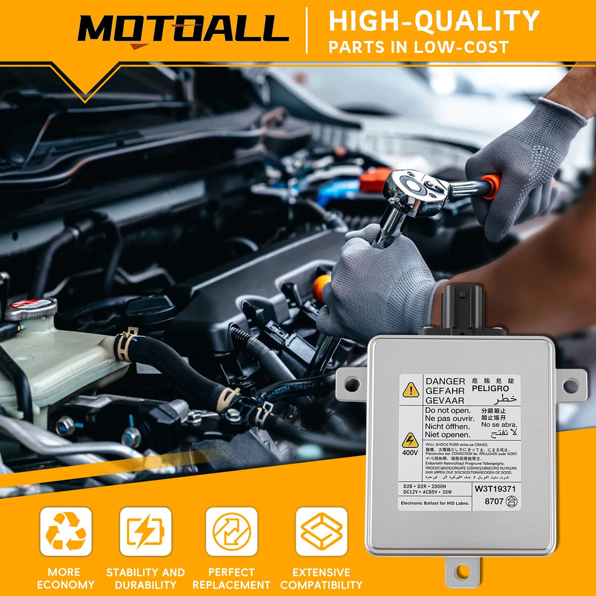 MOTOALL ballast side profile highlighting compact aluminum housing and cooling
