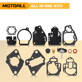 MOTOALL kit on workbench next to outboard motor showing readiness for repair benefit