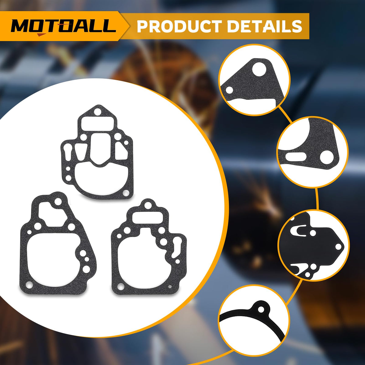 MOTOALL parts arranged beside a ruler to show scale for correct selection benefit