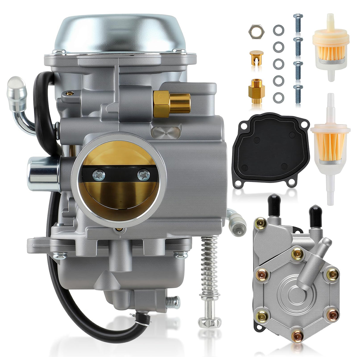 MOTOALL front view of complete carburetor and fuel pump kit, restoring fuel delivery