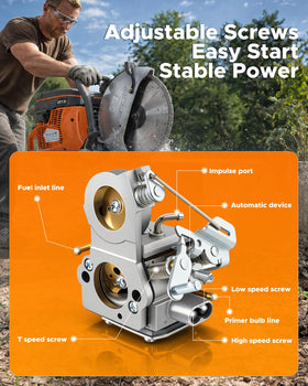 MOTOALL carburetor mounted on K760 saw demonstrating direct-fit installation benefit