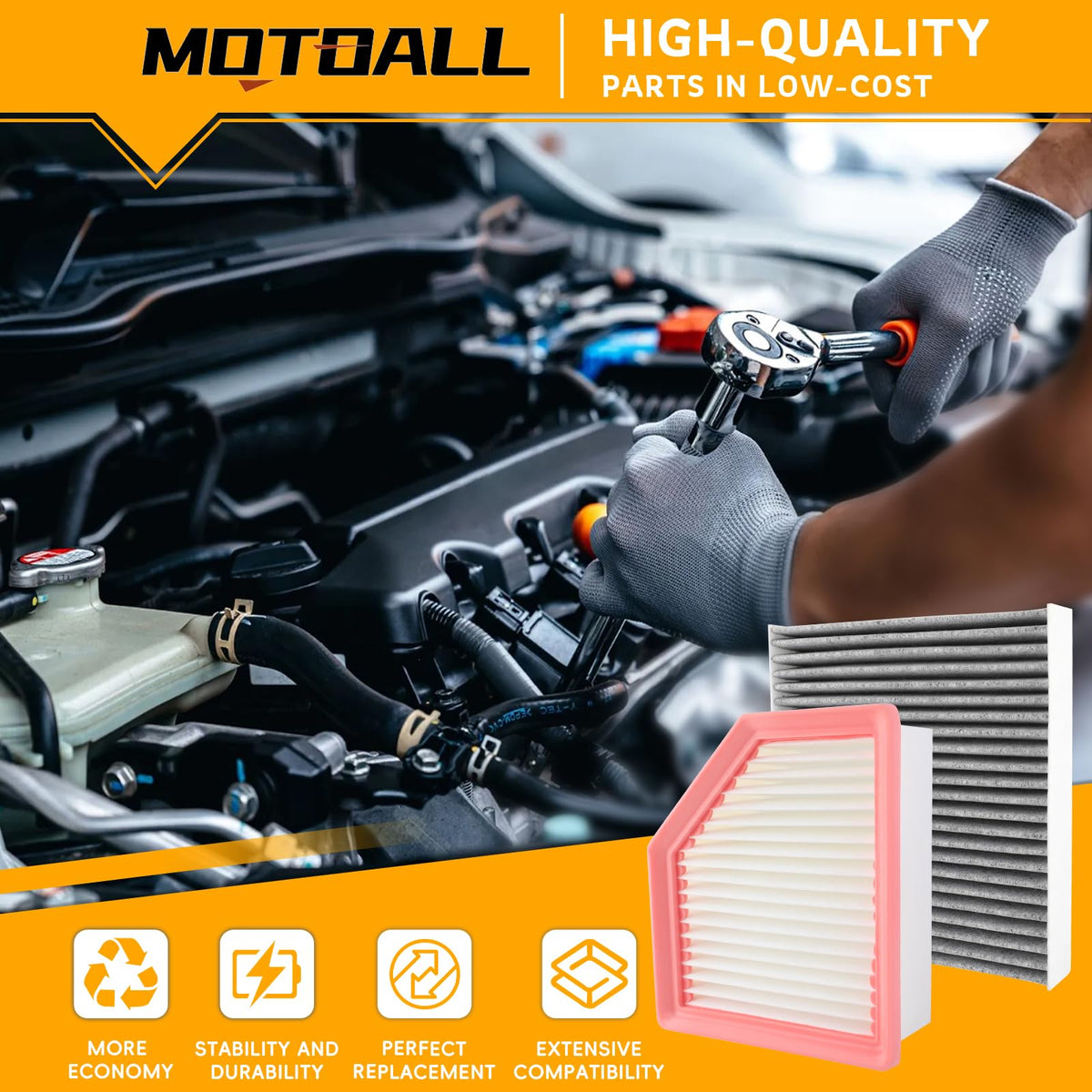 MOTOALL close-up of engine filter pleats showing dense media for improved particle capture