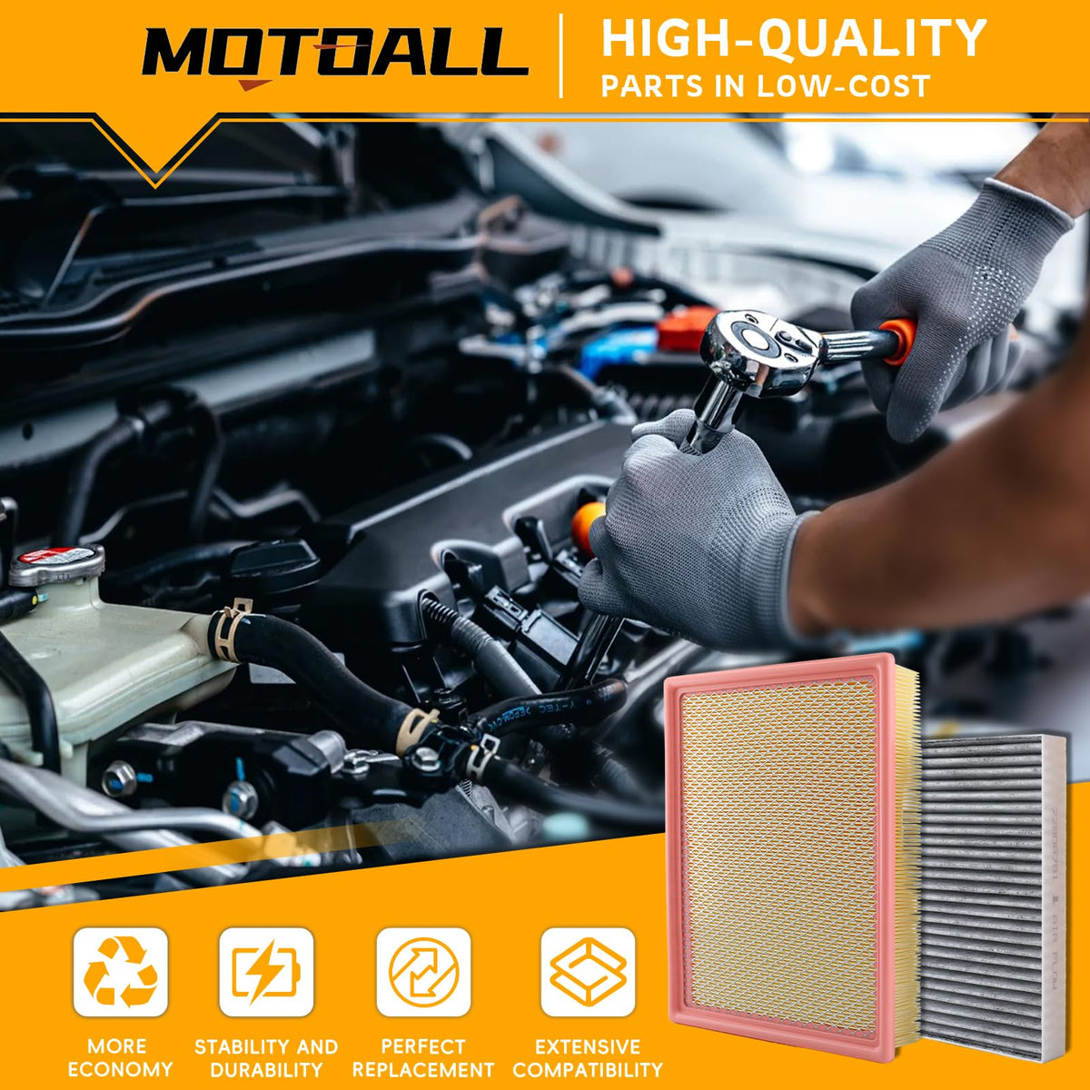 MOTOALL engine filter pleat detail, durable media for improved engine protection